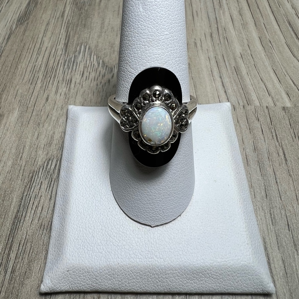 Vintage Sterling Silver Opal Onyx Marcasite Filigree Ring Size 9